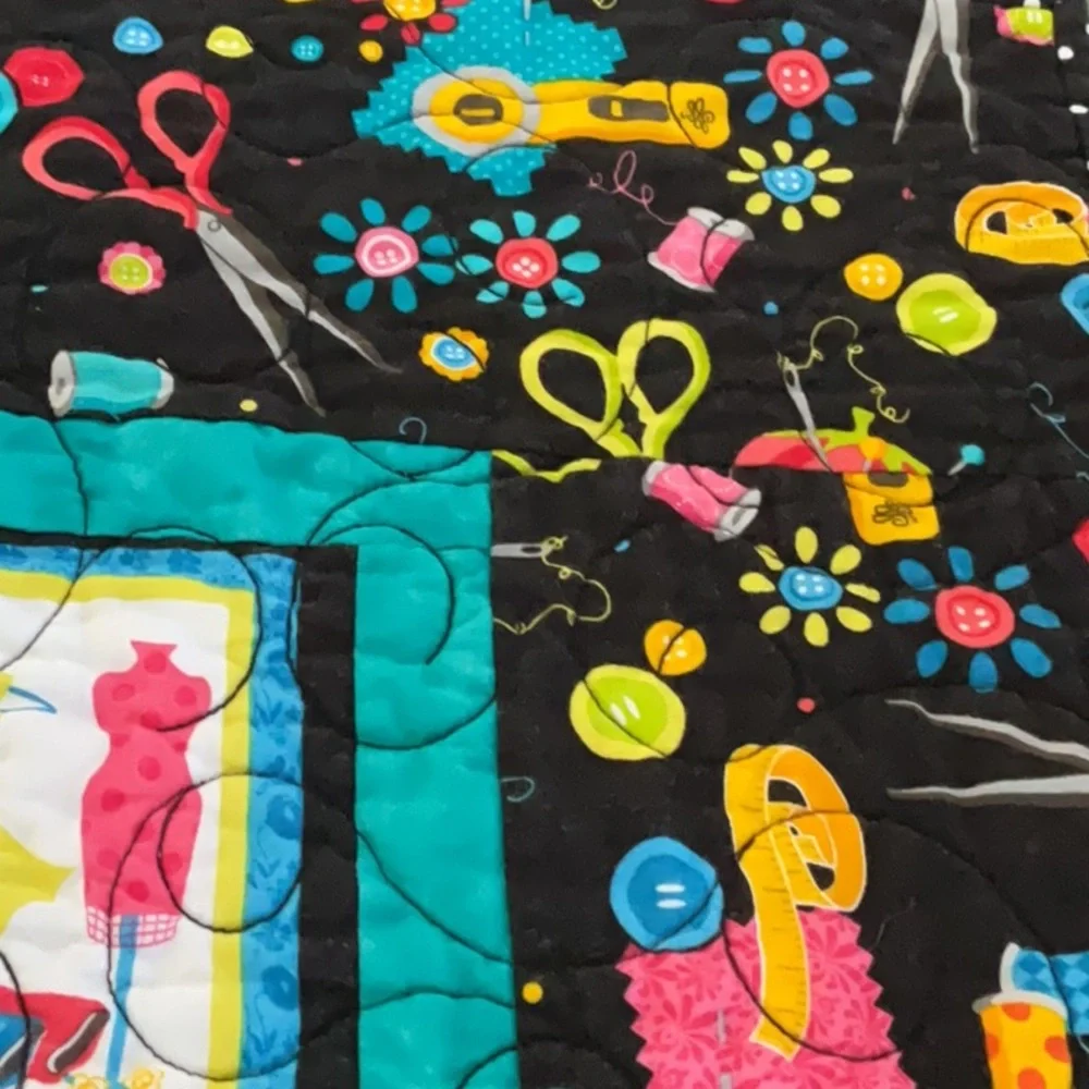Quilted Happiness fabric wall hanging for people who sew.